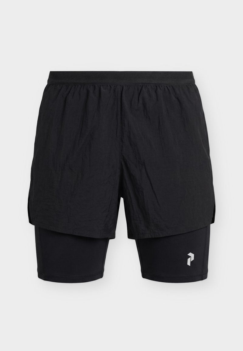 Schwarze Herren-Sportshorts 2 in 1 mit enganliegendem Innenlayer und lockerem Außenlayer, mit kleinem reflektierendem Logo am rechten Bein.
