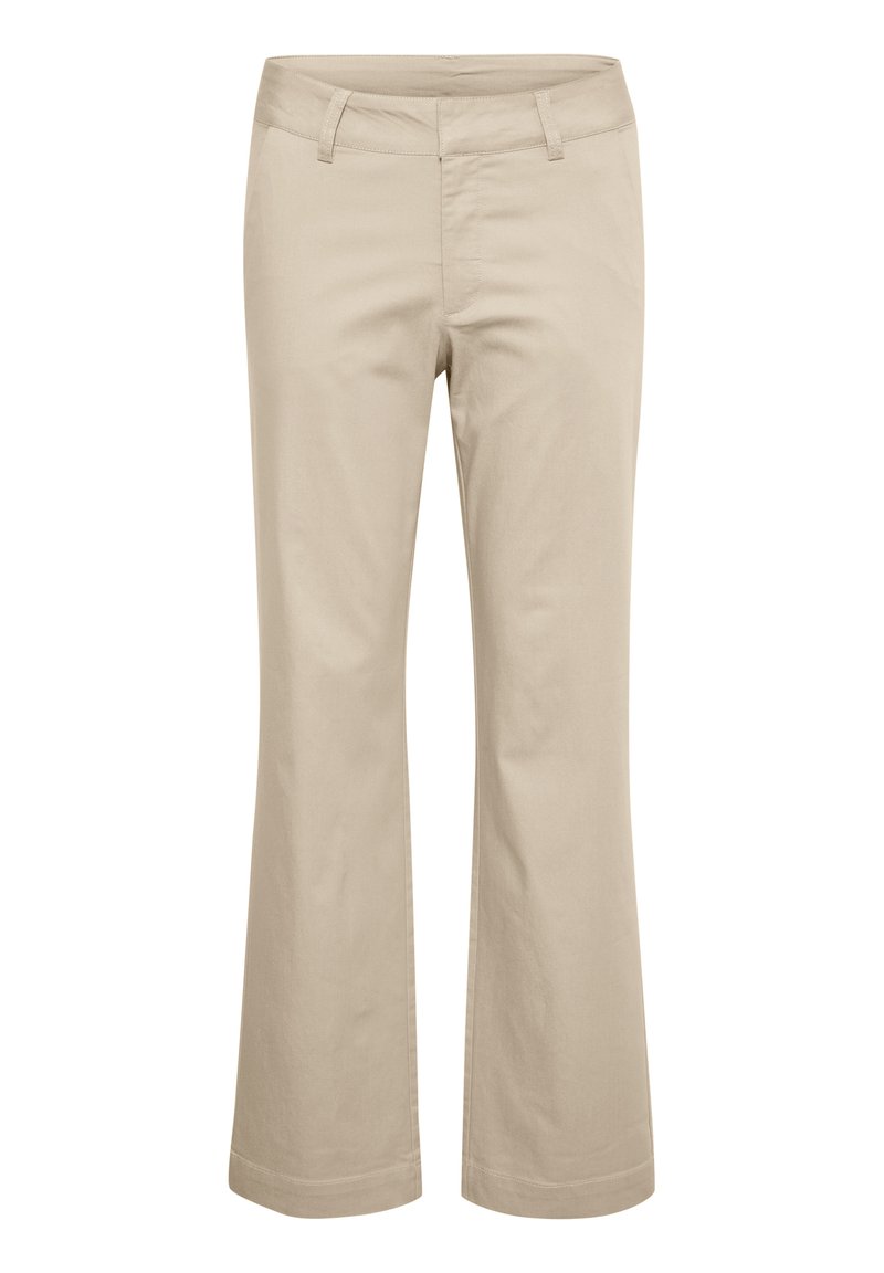 Beige ausgestellte Hose aus Baumwolle mit glatter Textur. Verfügt über einen Standardbund und Vordertaschen. Klassisches Design, geeignet für legere Kleidung.