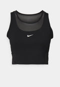 Schwarzer sportlicher Crop-Top mit rundem Ausschnitt und transparenten Einsätzen. Verfügt über das Nike-Logo in Weiß in der Mitte und hat eine enge Passform.