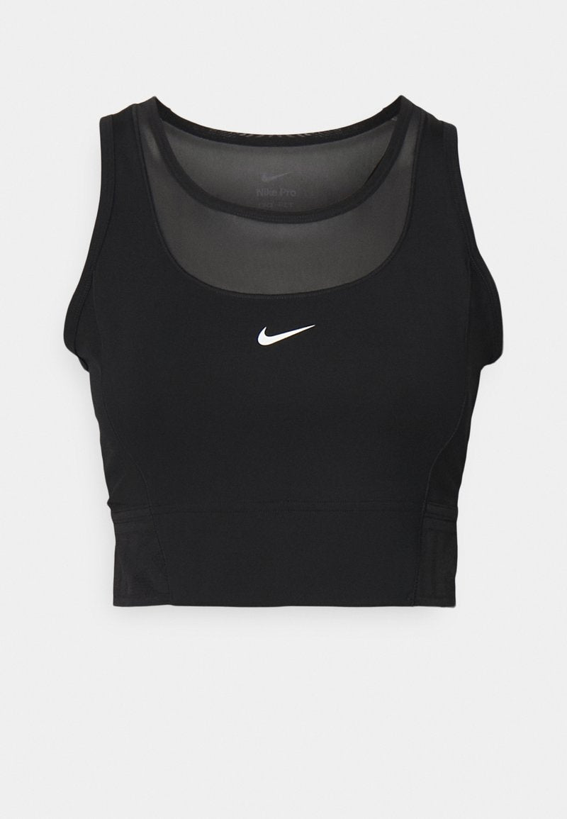 Schwarzer sportlicher Crop-Top mit rundem Ausschnitt und transparenten Einsätzen. Verfügt über das Nike-Logo in Weiß in der Mitte und hat eine enge Passform.