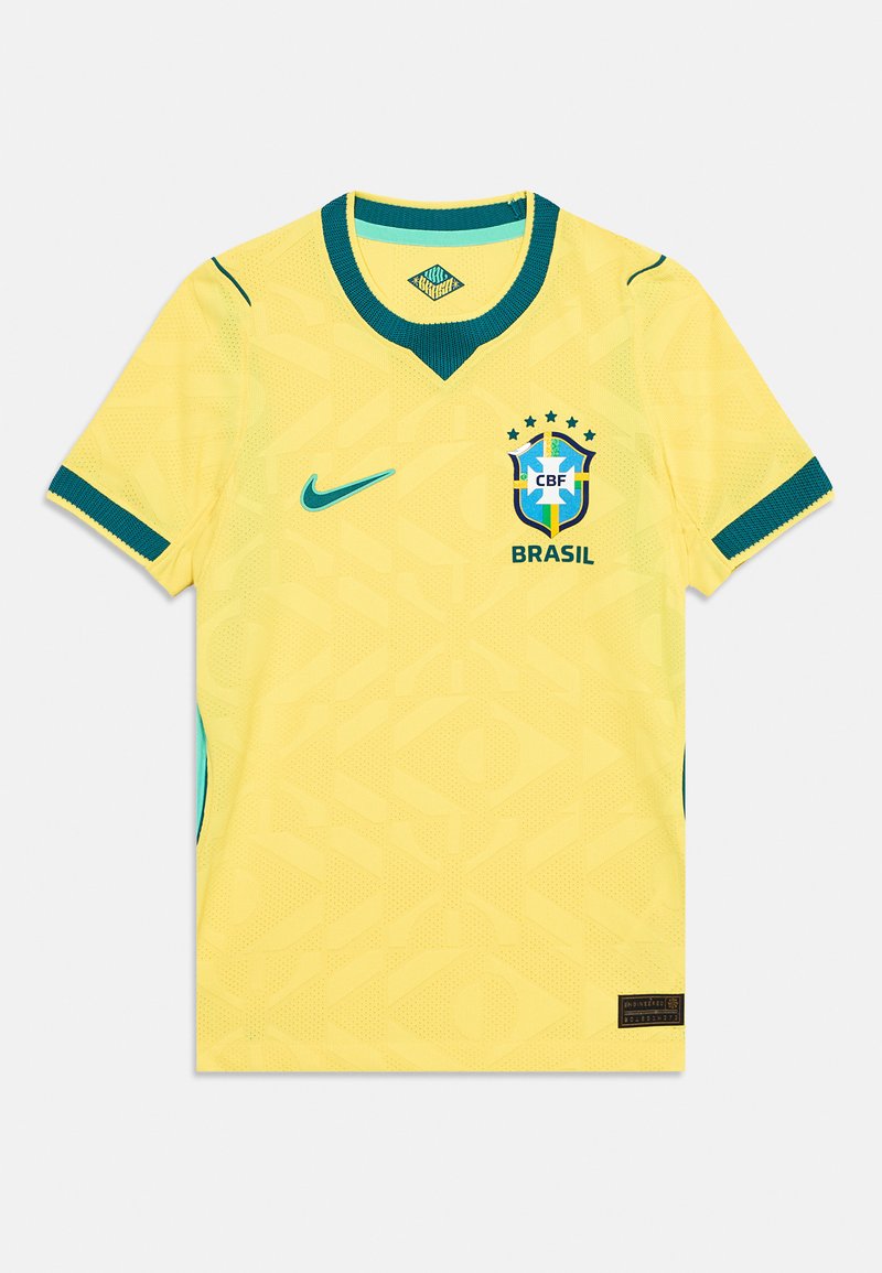 Gelbes brasilianisches Fußballtrikot mit grünem Rand, Nike-Logo auf der rechten Brust und Brasilianischem Fußballverband-Wappen mit fünf Sternen auf der linken Brust.