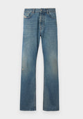 Blaue Jeans aus Denim mit geradem Bein, leicht verblasst, mit Fronttaschen und einem Knopfverschluss am Bund.
