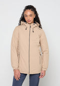 Beige isolierte Jacke mit Kapuze, ausgestattet mit einem Frontreißverschluss, zwei Seitentaschen und elastischen Bündchen für eine sichere Passform.