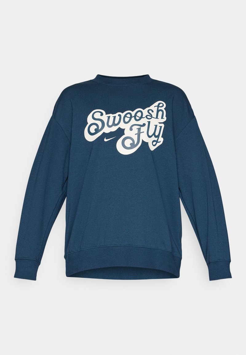 Navyblaues Sweatshirt mit lockerer Passform, ausgestattet mit einem weißen "Swoosh Fly" Grafik und gerippten Bündchen. Hergestellt aus weichem, atmungsaktivem Stoff.