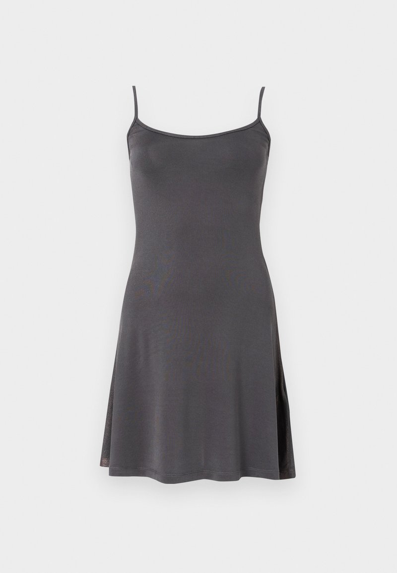 Graues ärmelloses Kleid aus glattem Stoff, mit einem taillierten Oberteil und ausgestelltem Saum. Dünne Schulterträger und seitliche Schlitze sorgen für Details.
