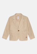 Beige Leinenblazer mit einreihigem Knopfverschluss, Reverskragen, zwei Vordertaschen und einem kleinen gestickten Logodetail.