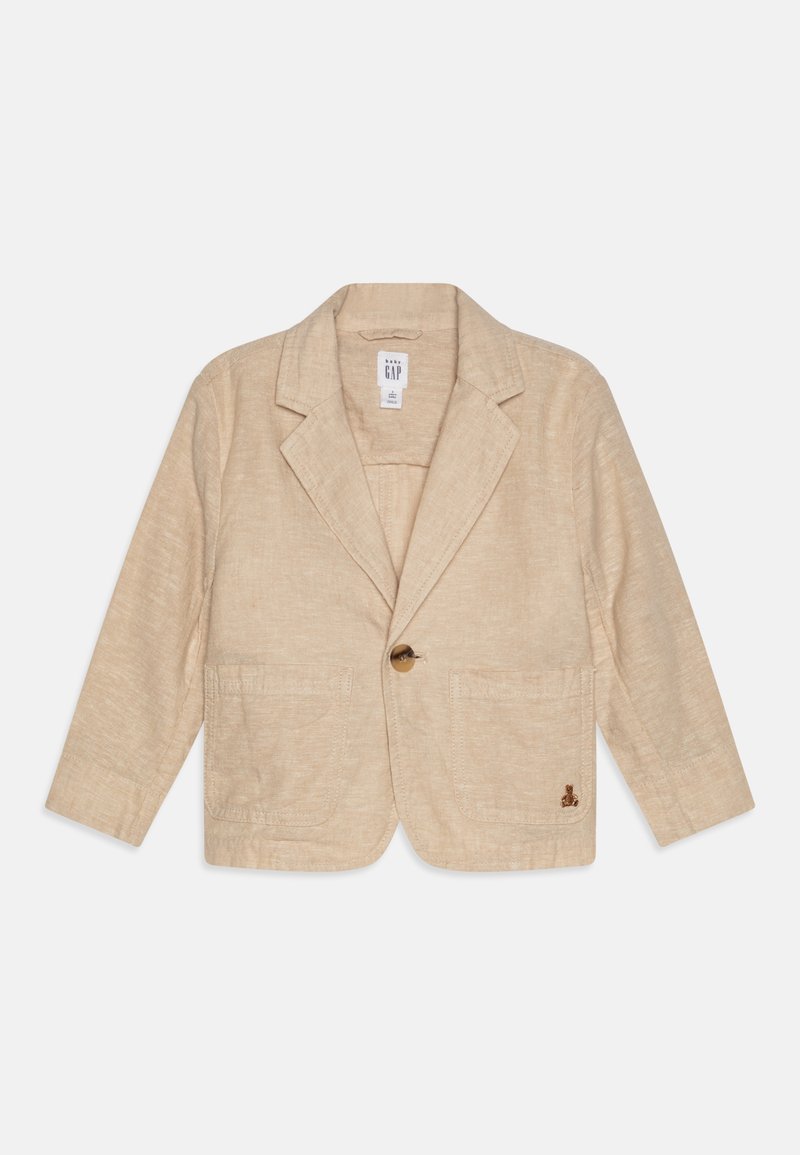 Beige Leinenblazer mit einreihigem Knopfverschluss, Reverskragen, zwei Vordertaschen und einem kleinen gestickten Logodetail.