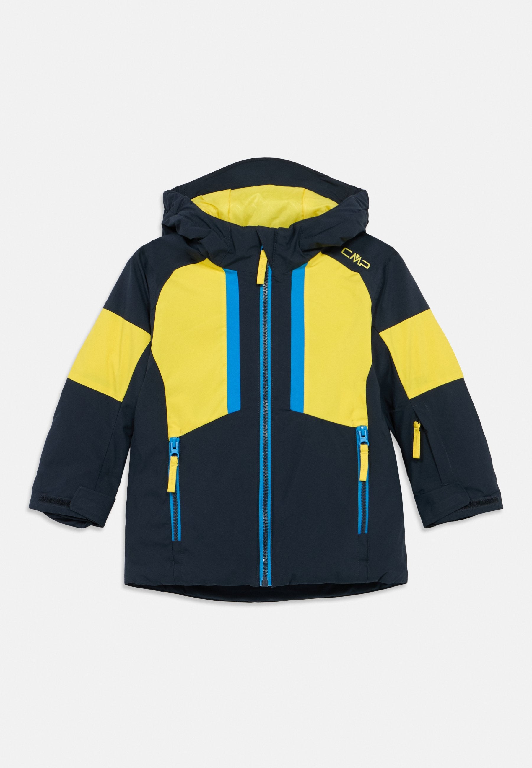 Kindermantel in Marineblau und Gelb mit Kapuze, Vorderreißverschluss, seitlichen Reißverschlusstaschen und verstellbaren Ärmelbündchen.