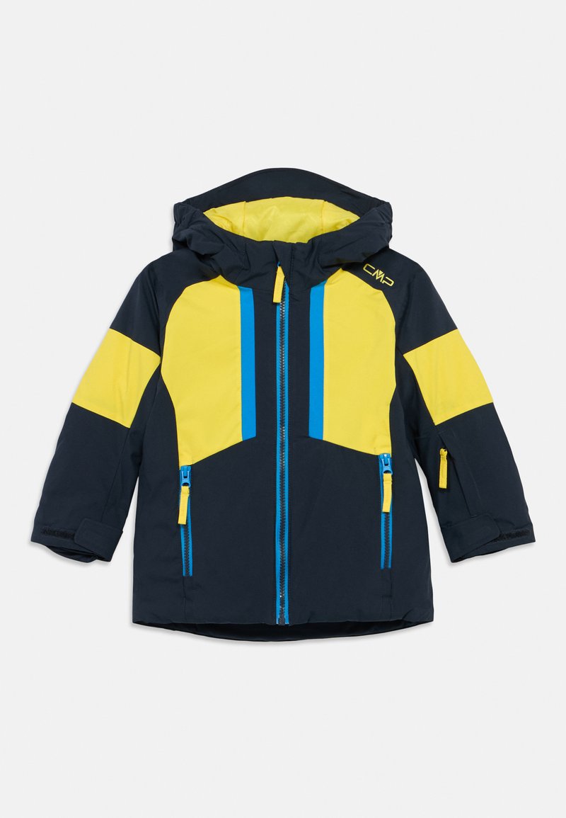 Kindermantel in Marineblau und Gelb mit Kapuze, Vorderreißverschluss, seitlichen Reißverschlusstaschen und verstellbaren Ärmelbündchen.