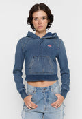 Gekürzte Denim-Hoodie in Dunkelblau mit einer Fronttasche, Kordelzugkapuze und geripptem Saum. Verfügt über kontrastierende Nähte und ein Markenpatch.