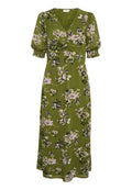 Blumen-Midi-Kleid in Olivgrün mit Puffärmeln, V-Ausschnitt und gerafftem Taillenbereich. Mit rosa und schwarzen Blumenmustern auf leichtem Stoff.