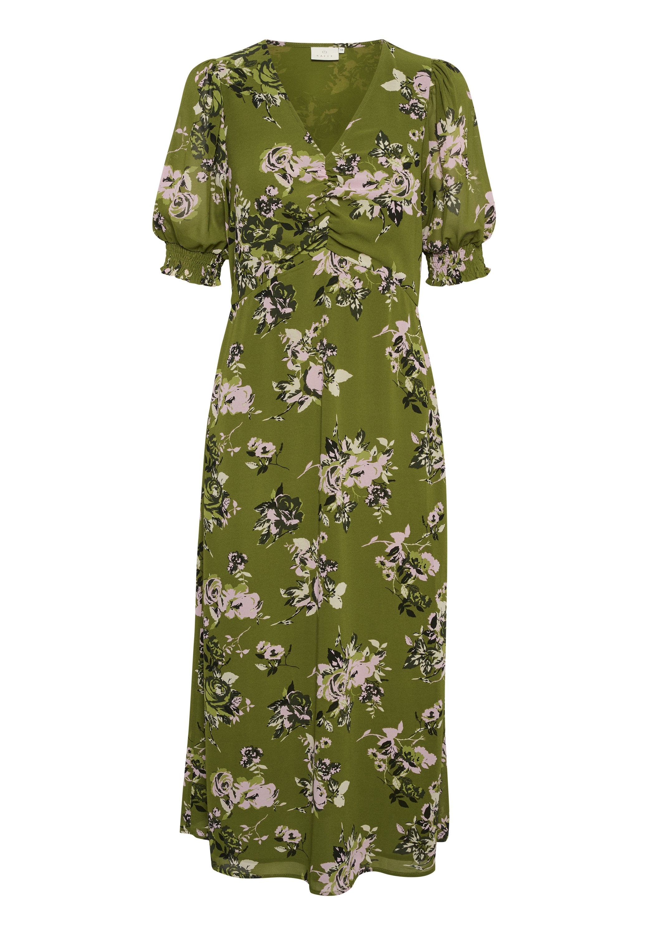Blumen-Midi-Kleid in Olivgrün mit Puffärmeln, V-Ausschnitt und gerafftem Taillenbereich. Mit rosa und schwarzen Blumenmustern auf leichtem Stoff.