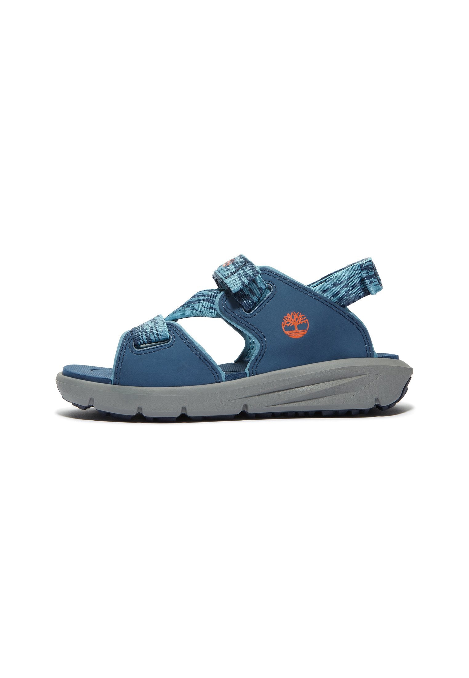 Blaue Sandale mit verstellbaren Riemen, grauer Sohle, strukturiertem Muster auf den Riemen und Logobetonung. Leichtes Design für Komfort und Unterstützung.