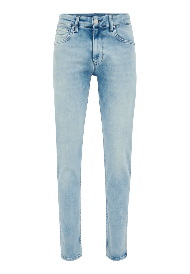 Helle, schlanke Jeans aus Denim mit einer weichen Textur. Mit fünf Taschen, Gürtelschlaufen und einem Metallknopfverschluss.