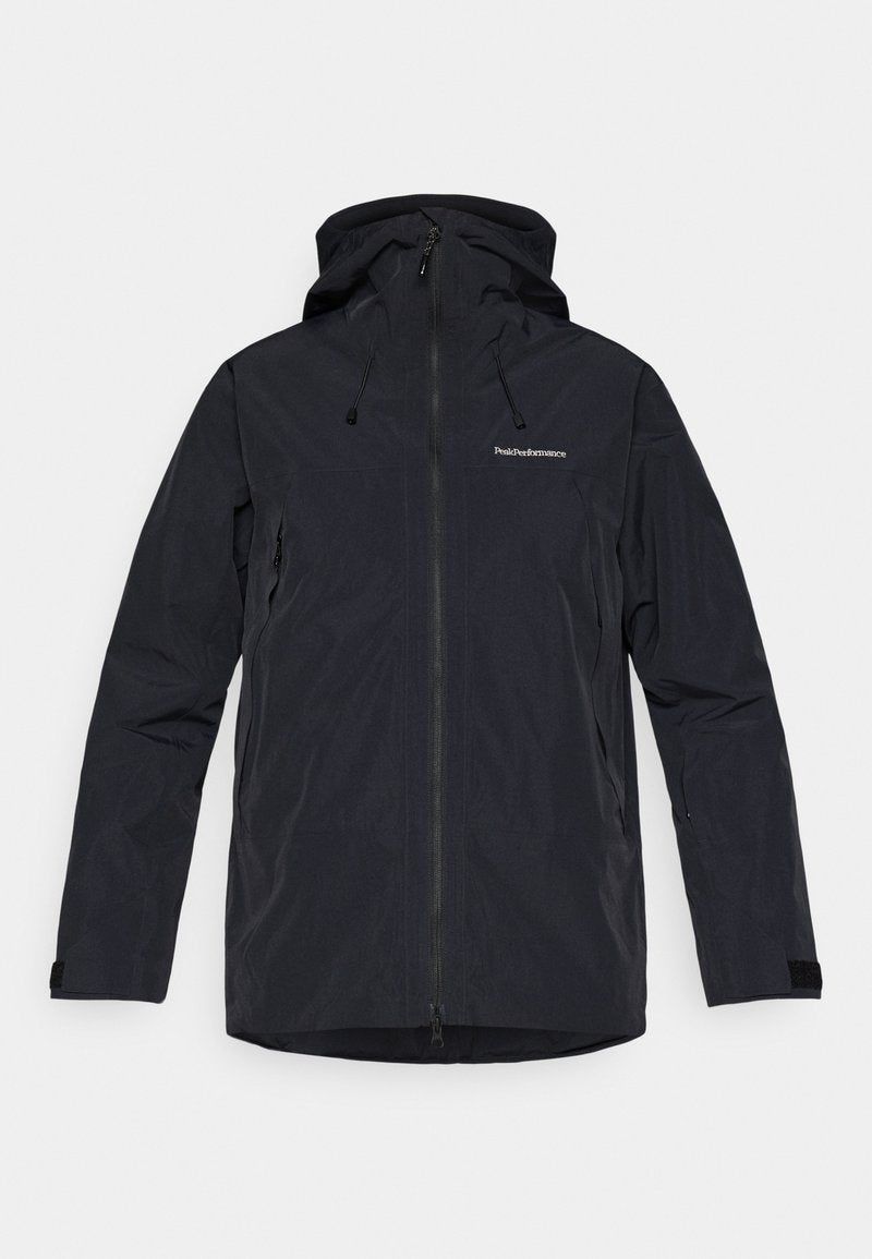 Schwarze wasserdichte Jacke mit Kapuze, mit einem Reißverschluss vorne, verstellbaren Kordelzügen und strukturiertem Stoff. Logo auf der Brust.