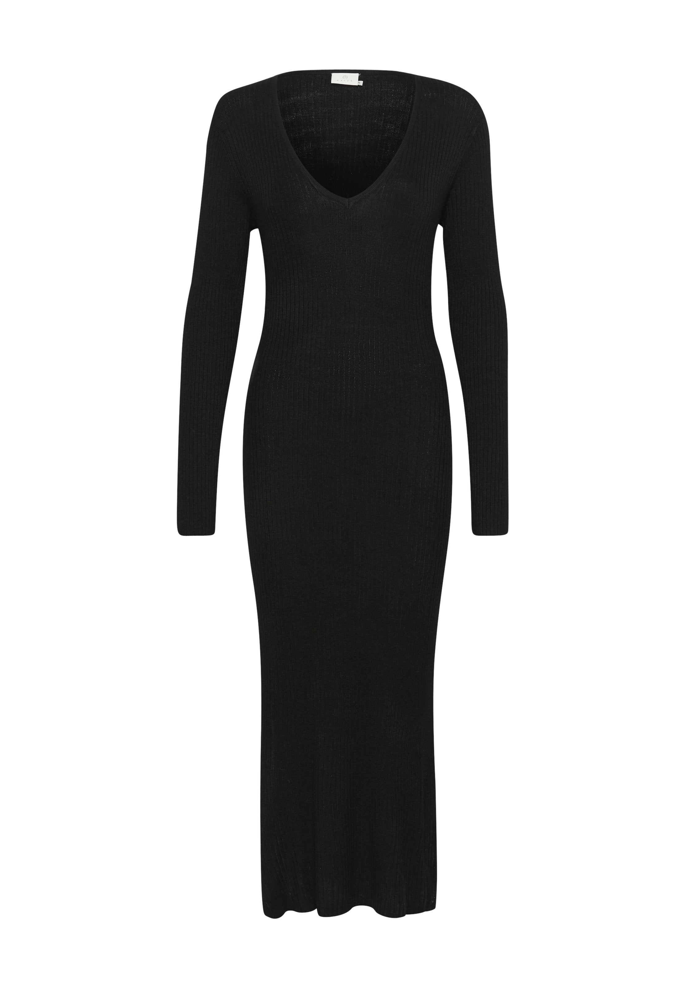Schwarzes gestricktes Kleid mit tiefem V-Ausschnitt, langen Ärmeln und einer taillierten Silhouette, die bis zur halben Wade reicht. Strukturiertes Rippmaterial.