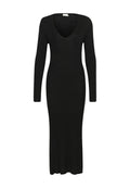 Schwarzes gestricktes Kleid mit tiefem V-Ausschnitt, langen Ärmeln und einer taillierten Silhouette, die bis zur halben Wade reicht. Strukturiertes Rippmaterial.