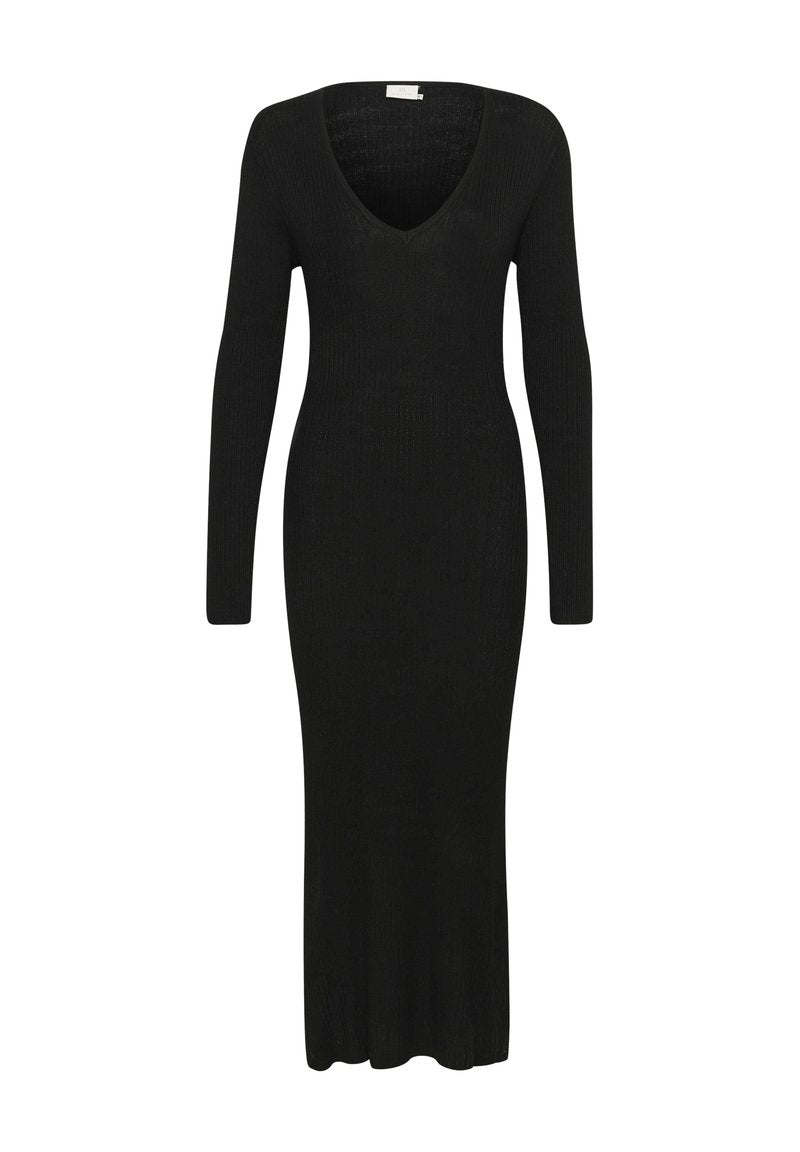 Schwarzes gestricktes Kleid mit tiefem V-Ausschnitt, langen Ärmeln und einer taillierten Silhouette, die bis zur halben Wade reicht. Strukturiertes Rippmaterial.