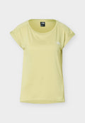 Hellgrünes Damen-T-Shirt mit kurzen Ärmeln, rundem Ausschnitt und kleinem weißem The North Face-Logo auf der Brust.