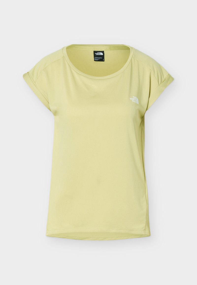 Hellgrünes Damen-T-Shirt mit kurzen Ärmeln, rundem Ausschnitt und kleinem weißem The North Face-Logo auf der Brust.