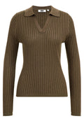 Brauner, gerippter Strickpullover mit V-Ausschnitt und langen Ärmeln. Mit einem Kragen und einem strukturierten, taillierten Schnitt.