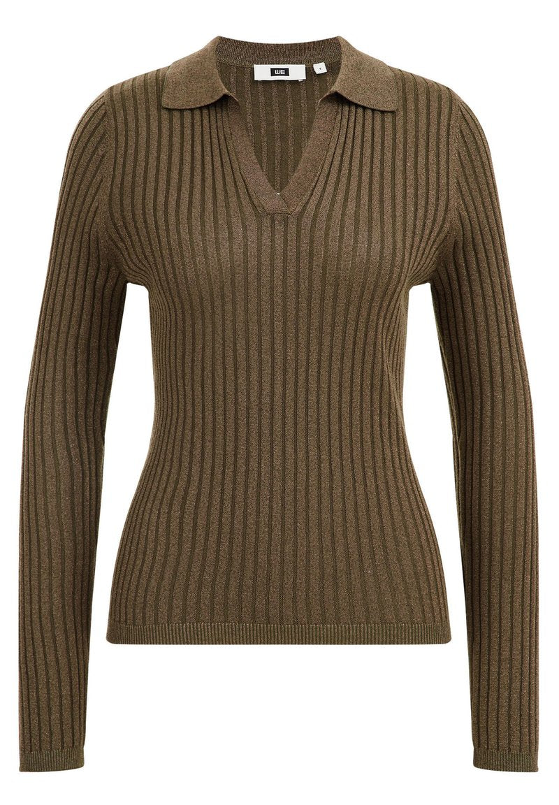 Brauner, gerippter Strickpullover mit V-Ausschnitt und langen Ärmeln. Mit einem Kragen und einem strukturierten, taillierten Schnitt.