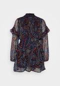 Langärmliges, durchsichtiges Navy-Kleid mit Paisley- und Blumenmuster. Verfügt über rüschige Ärmel und einen Taillengurt für die Form. Leichter, fließender Stoff.