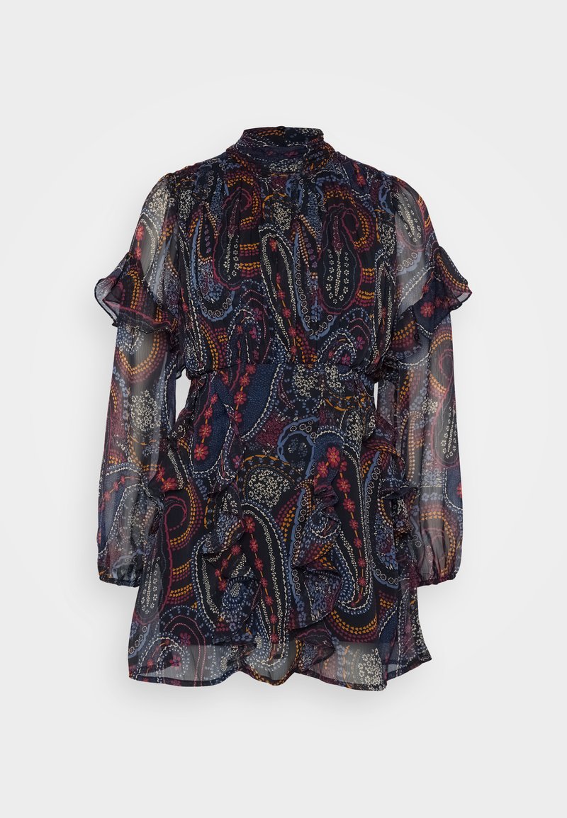 Langärmliges, durchsichtiges Navy-Kleid mit Paisley- und Blumenmuster. Verfügt über rüschige Ärmel und einen Taillengurt für die Form. Leichter, fließender Stoff.