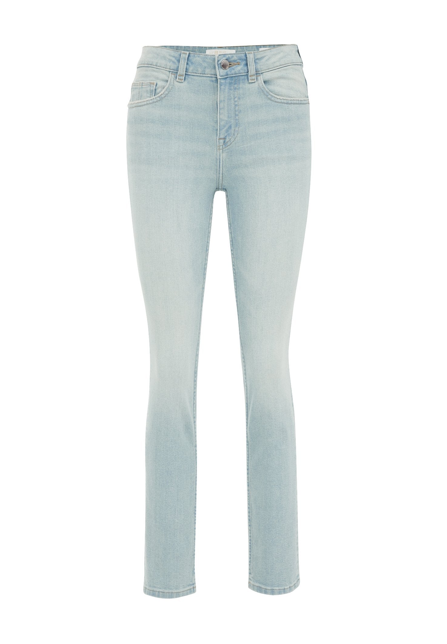 Hellblaue, eng anliegende Jeans mit hoher Taille, fünf Taschen, dezentem Used-Look und geradem Bein.