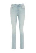 Hellblaue, eng anliegende Jeans mit hoher Taille, fünf Taschen, dezentem Used-Look und geradem Bein.