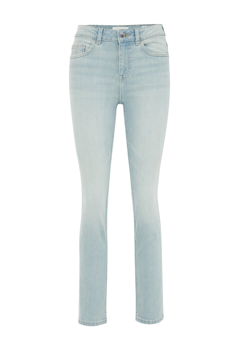 Hellblaue, eng anliegende Jeans mit hoher Taille, fünf Taschen, dezentem Used-Look und geradem Bein.