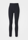 Schwarze gerippte Leggings mit hohem Bund, ausgestattet mit einem dezenten Logo auf der linken Seite, hergestellt aus einem elastischen, strukturierten Material.