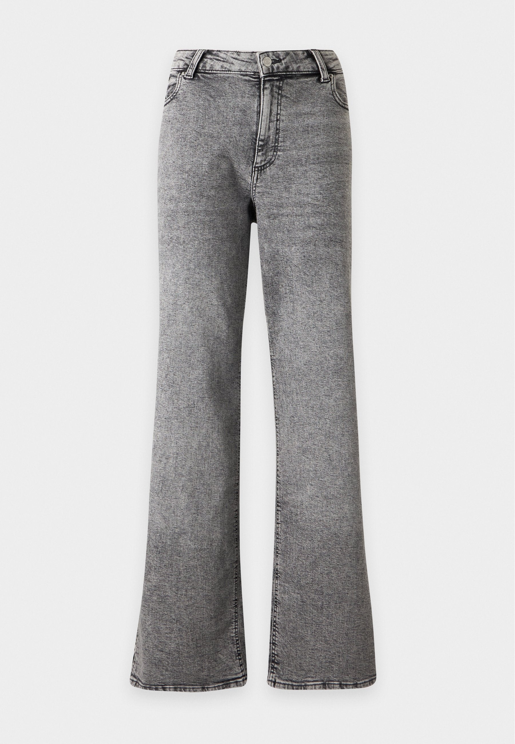 Graue High-Waist-Jeans mit weitem Bein, vorne mit Knopf- und Reißverschluss, Vordertaschen und sichtbarer Naht auf schlichtem Hintergrund.
