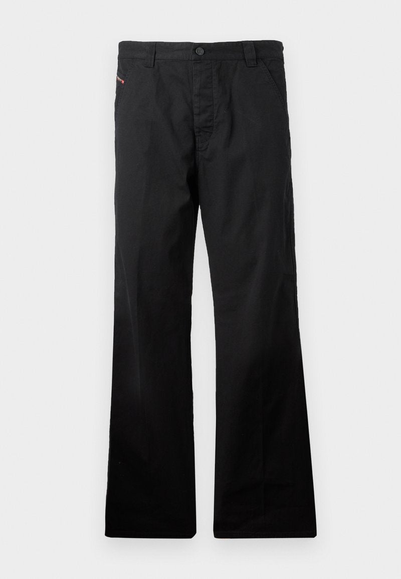 Schwarze, gerade geschnittene Baumwollhose mit Knopfverschluss. Verfügt über seitliche Taschen und ein minimalistisches Design ohne sichtbare Muster oder Akzente.