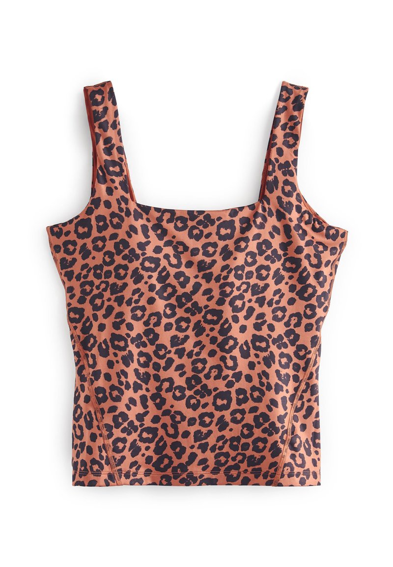 Leopardenmuster-Top mit quadratischem Ausschnitt, aus glattem Stoff. Hat schwarze Flecken auf einem rost-orangefarbenen Hintergrund und breite Träger.