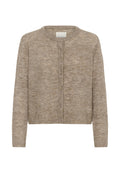 Beige Knopfpullover-Strickcardigan mit langen Ärmeln und gerippten Bündchen, Saum und Kragen.