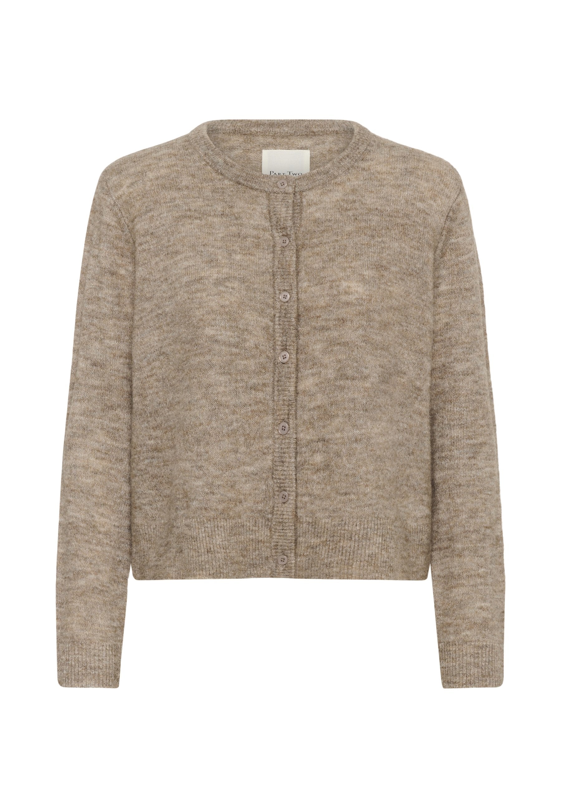 Beige Knopfpullover-Strickcardigan mit langen Ärmeln und gerippten Bündchen, Saum und Kragen.