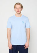 Hellblaues Baumwoll-T-Shirt mit Rundhalsausschnitt und kurzen Ärmeln. Auf der Brust befindet sich eine kleine blaue Zebragrafik.