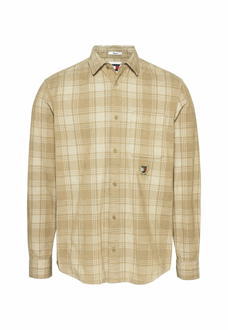 Beige kariertes Flanellhemd mit langen Ärmeln, einer knöpfbaren Vorderseite und einer Brusttasche mit einem gestickten Logo. Strukturierter Stoff.