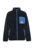 Fleecejacke in Schwarz mit blauen Akzenten, mit hohem Kragen, Frontreißverschluss und einer Brusttasche mit Markenlogo. Weiche Textur und lockere Passform.