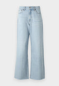 Hellblaue Denim-Jeans mit weitem Bein und hoher Taille, mit Knopfverschluss und zwei Fronttaschen, glatter Textur und dezentem Verblassen.