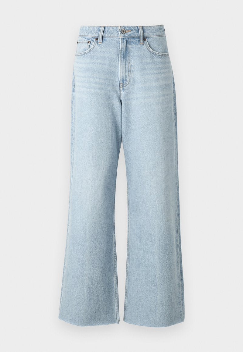 Hellblaue Denim-Jeans mit weitem Bein und hoher Taille, mit Knopfverschluss und zwei Fronttaschen, glatter Textur und dezentem Verblassen.