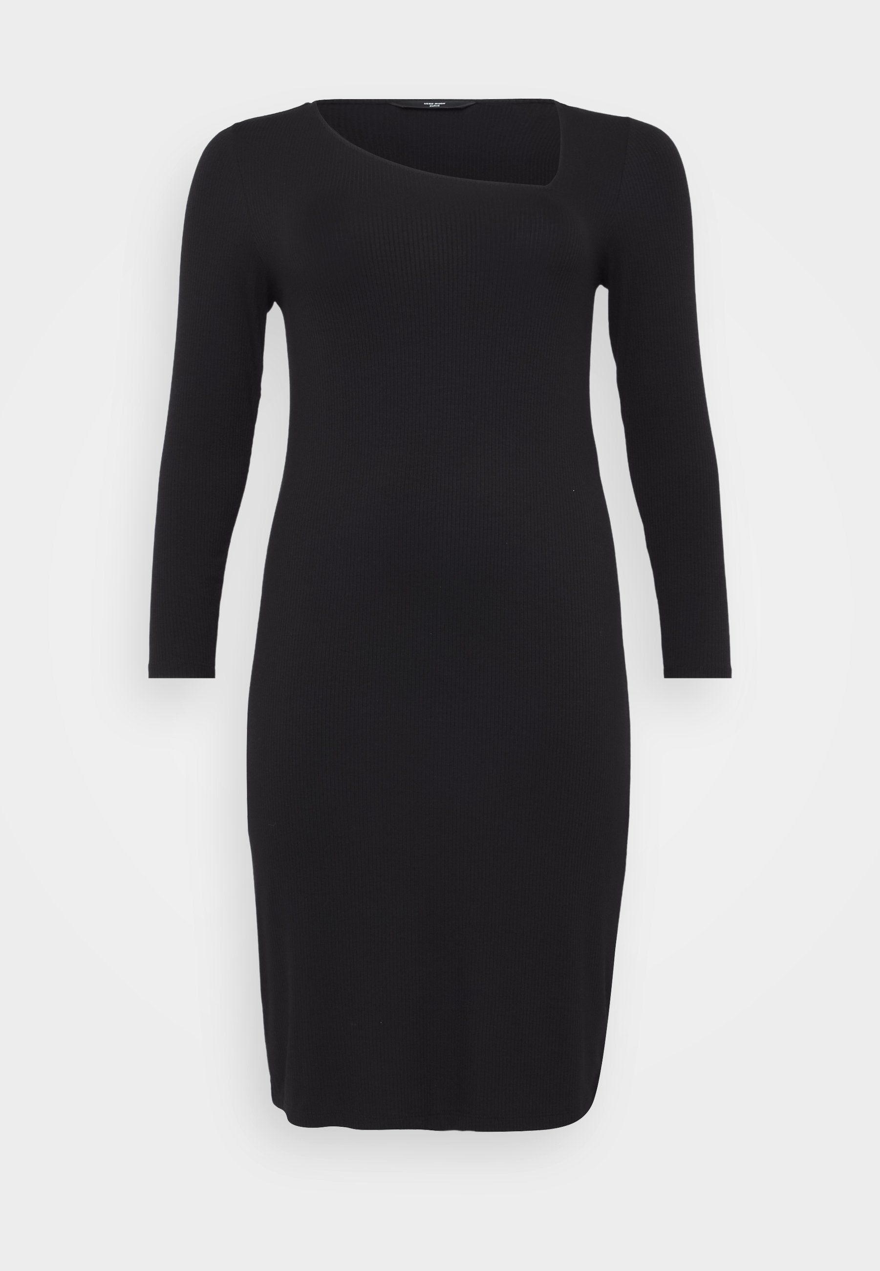 Schwarzes, geripptes Langarmkleid mit einem einzigartigen asymmetrischen Rundhalsausschnitt und taillierter Silhouette, das eine glatte Textur und eine Länge bis unter das Knie aufweist.