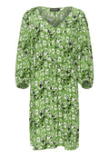 Grünes Blumenmuster Kleid mit V-Ausschnitt, langen Puffärmeln, verstellbarem Taillengürtel und einem leichten, strukturierten Stoff mit einem auffälligen Muster.