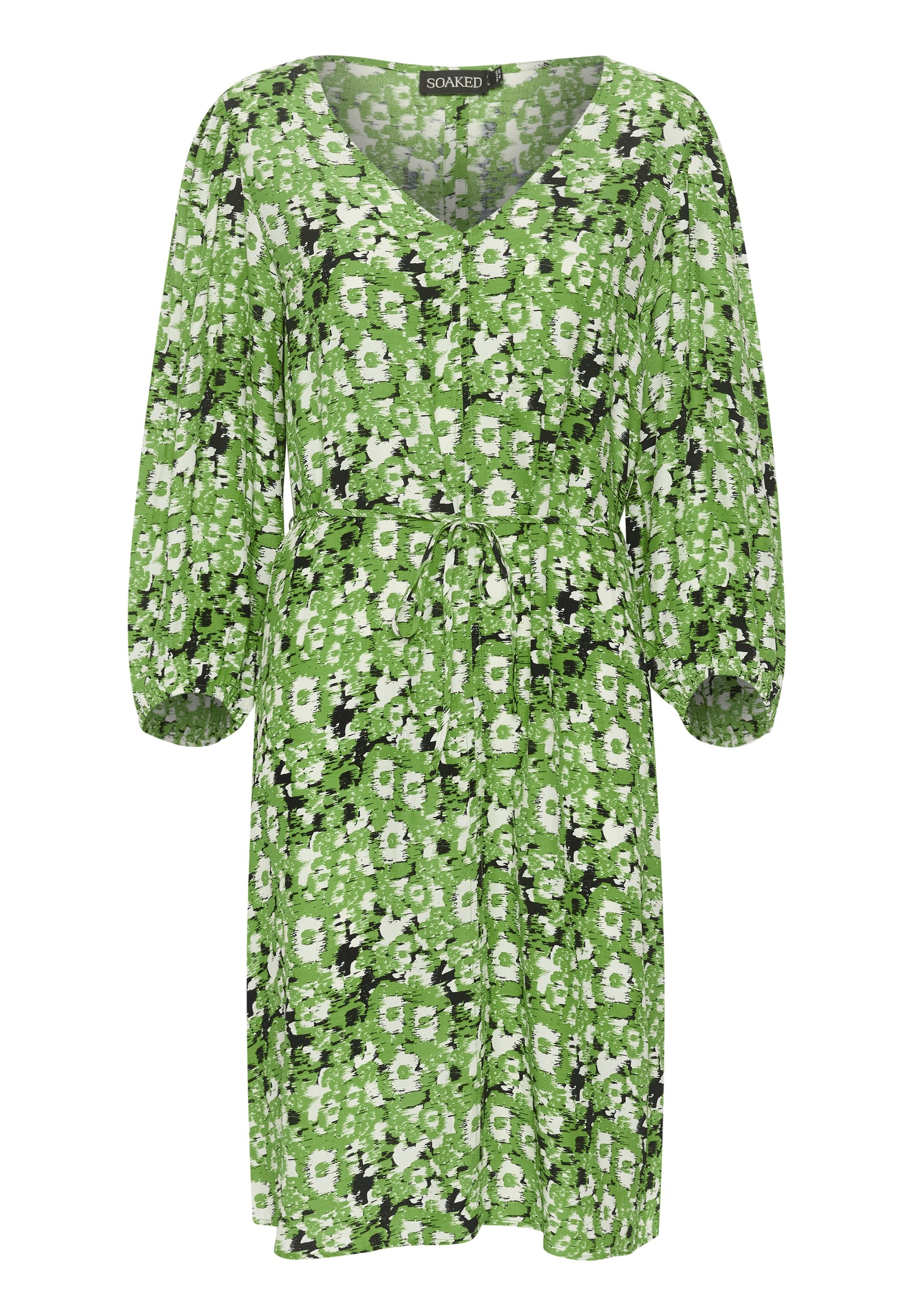 Grünes Blumenmuster Kleid mit V-Ausschnitt, langen Puffärmeln, verstellbarem Taillengürtel und einem leichten, strukturierten Stoff mit einem auffälligen Muster.