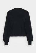 Schwarzer Pullover, verkürztes Design, gerippte Textur, puffige lange Ärmel und runder Ausschnitt. Einfach und vielseitig für verschiedene Outfits.