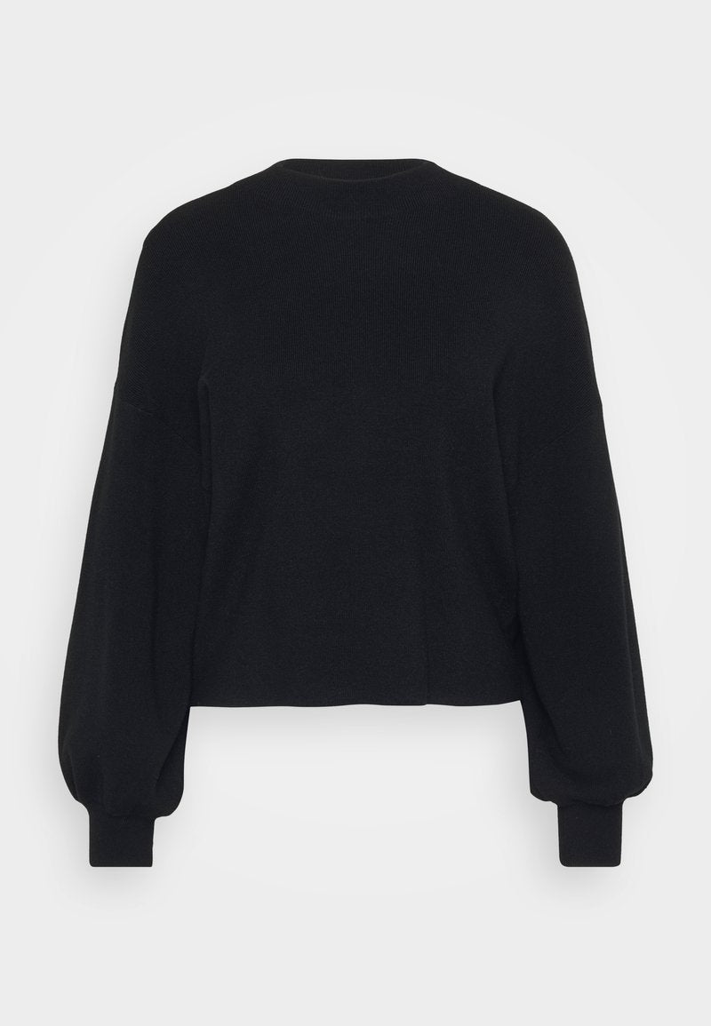 Schwarzer Pullover, verkürztes Design, gerippte Textur, puffige lange Ärmel und runder Ausschnitt. Einfach und vielseitig für verschiedene Outfits.