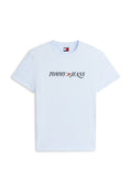 Hellblaues T-Shirt mit kurzen Ärmeln und dem "TOMMY JEANS"-Logo sowie Flaggen-Design in der Mitte der Brust.