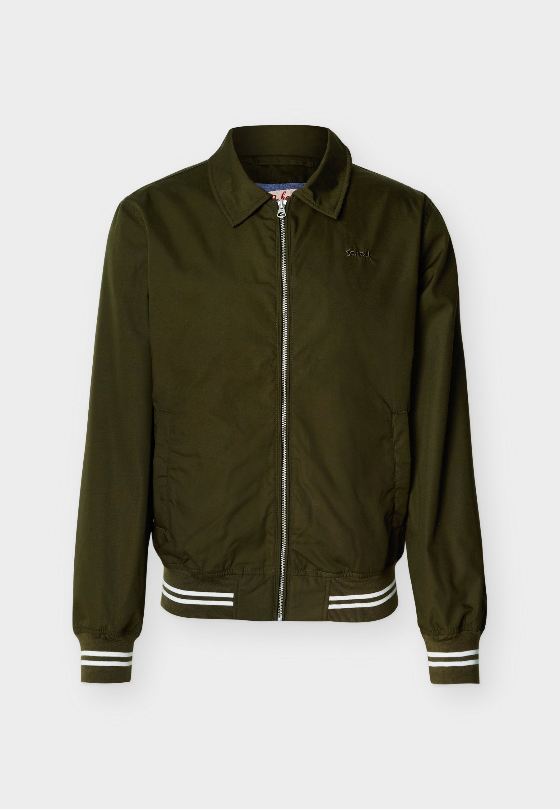 Olivgrüne Zip-up-Jacke mit Kragen, elastischen Bündchen und Saum mit weißen Doppelstreifen sowie Seitentaschen.