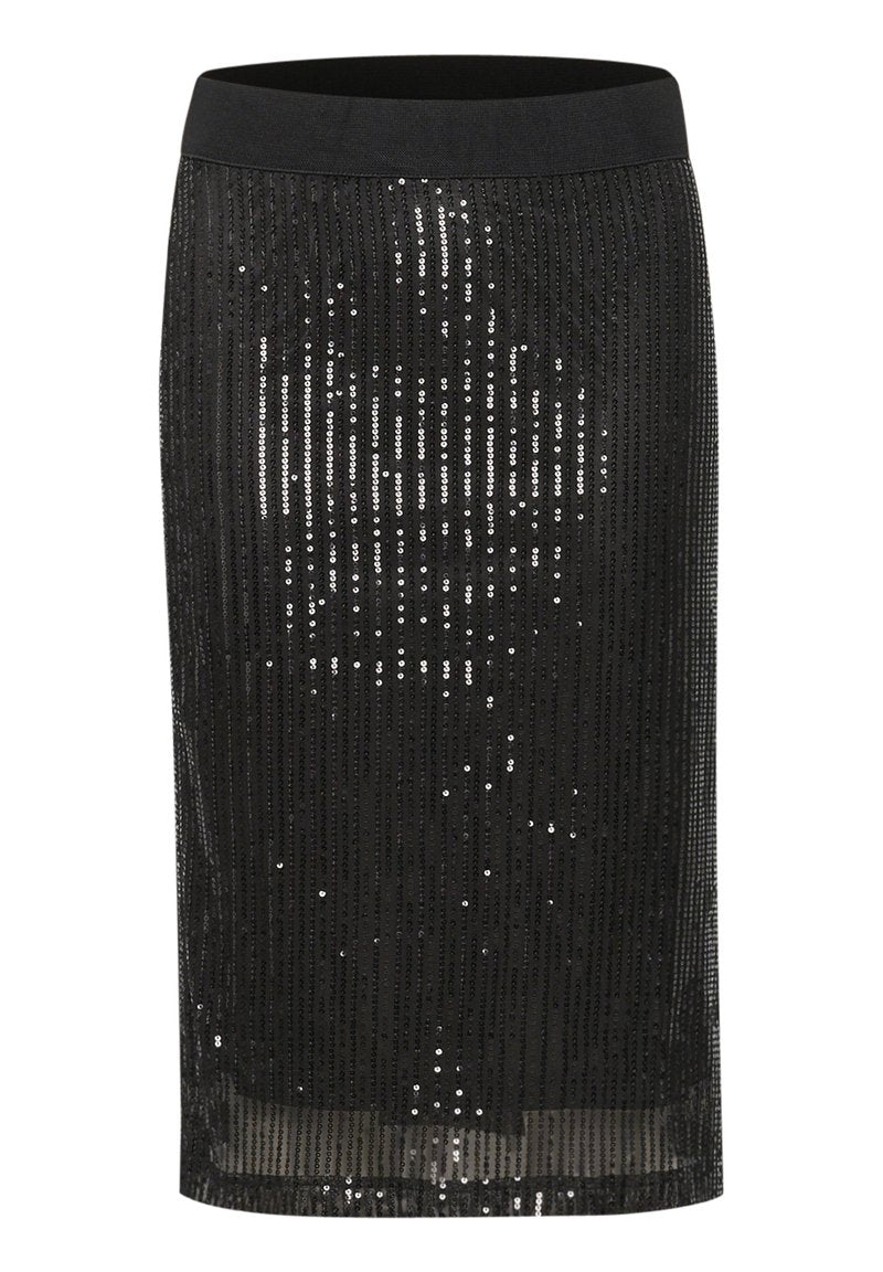 Schwarzer Paillettenschlittrock mit elastischem Bund, der vertikale Reihen von glänzenden Pailletten, eine glatte Textur und einen knielangen Schnitt aufweist.